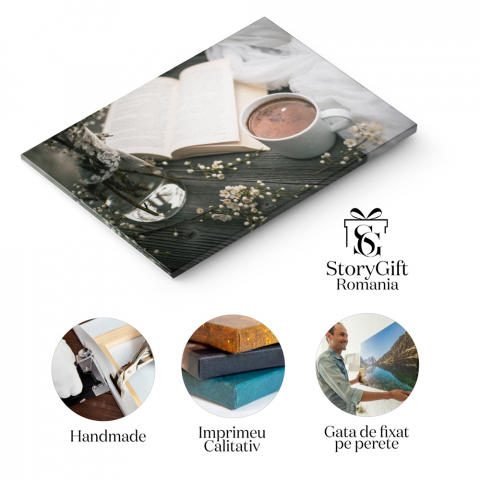 Tablou Canvas, Moment intim cu cafea si flori de cires pe masa de lemn - primavara, vintage, romantic 40x25CM [4]