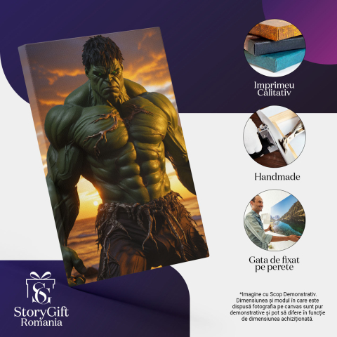 Tablou Canvas:  Monstrul Fioros cu Muschii Mari Hulk cel Inspaimantator cu Ochii Luminati Verzi si Pantaloni Pictura Digitala 40x25CM [2]