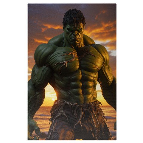 Personaje Desene Animate - Tablou Canvas:  Monstrul Fioros cu Muschii Mari Hulk cel Inspaimantator cu Ochii Luminati Verzi si Pantaloni Pictura Digitala 40x25CM