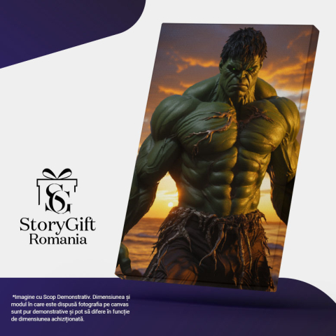 Tablou Canvas:  Monstrul Fioros cu Muschii Mari Hulk cel Inspaimantator cu Ochii Luminati Verzi si Pantaloni Pictura Digitala 40x25CM [4]