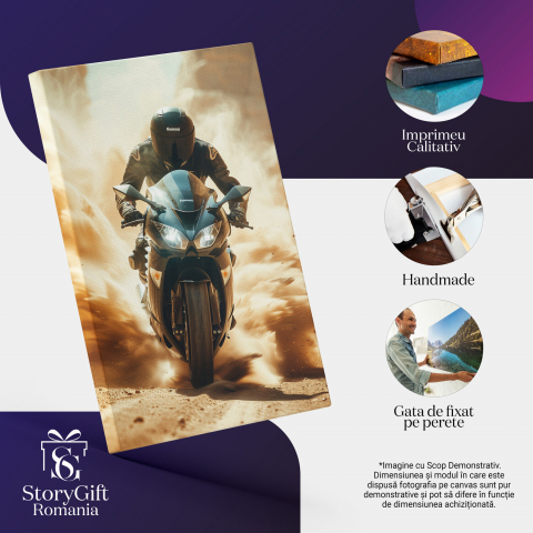 Motociclistul în Viteză - Tablou Canvas cu Nor de Praf Ridicat, Marime 40x25CM [1]