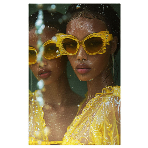 Portret - Tablou Canvas  Mulatra cu Ochelari Asortati cu Rochia Galbena si Cercei Lungi cu Buze Mari si Gene Lungi , Pictura Digitala 40x25CM