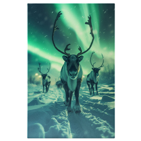 Aurora Boreală - Tablou Canvas: Mulțimea de Cerbi Polari se Bucură de Priveliștea Reflectată a Cerului în Culori Pictura Digitala 40x25CM