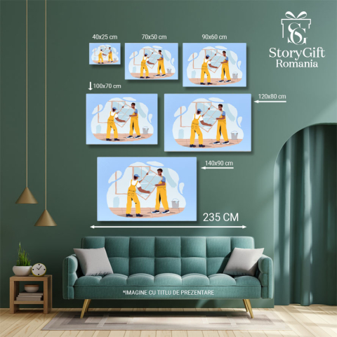 Tablou Canvas Muncitorii cu Salopete Galbene Monteaza Oglinzile pe Peretele Casei Proaspat Vopsit 40x25CM [4]