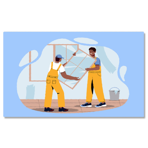 Meserii - Tablou Canvas Muncitorii cu Salopete Galbene Monteaza Oglinzile pe Peretele Casei Proaspat Vopsit 40x25CM