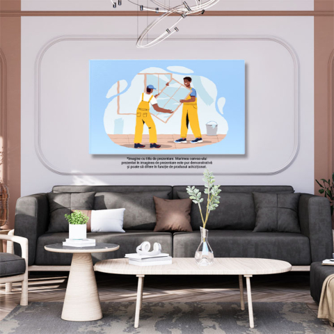Tablou Canvas Muncitorii cu Salopete Galbene Monteaza Oglinzile pe Peretele Casei Proaspat Vopsit 40x25CM [2]