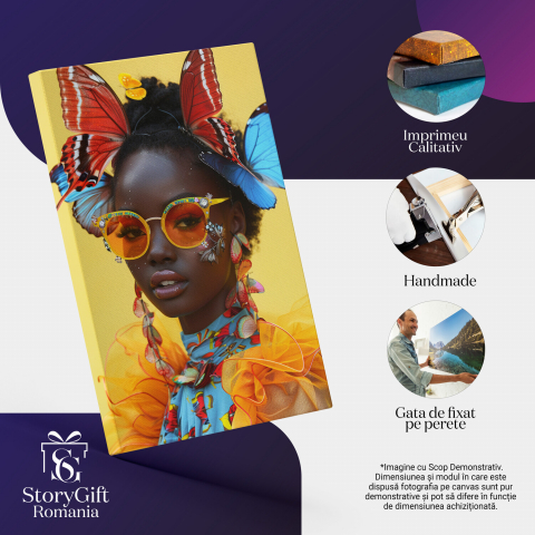 Natura Africană - Tablou Canvas cu Domnișoara cu Ochelari Colorati și Specii de Fluturi în Păr, Marime 40x25CM [1]