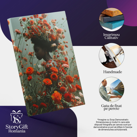 Tablou Canvas: O Călătorie spre Centrul Inimii prin Arta Naturii Doamna cu Flori și Piele de Abanos Pictura Digitala 40x25CM [2]