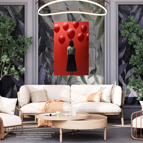 Tablou Canvas Femeie cu Baloane Roșii și Pereți Abstracti | Pictură Digitală Modernă, Marime 40x25CM [3]