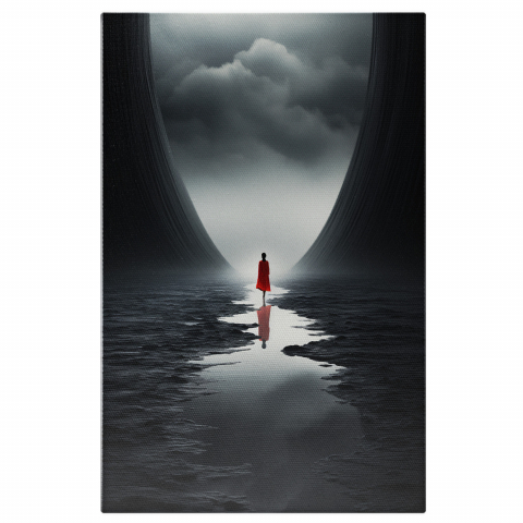 Tablou Canvas Femeie cu Rochie Roșie în Pustietate | Pictură Digitală, Marime 40x25CM