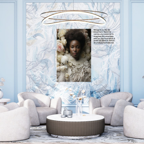 Tablou Canvas:  O femeie de culoare imbracata in alb - eleganta pasare flori Pictura Digitala 40x25CM [1]