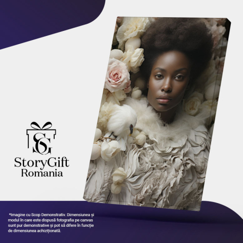 Tablou Canvas:  O femeie de culoare imbracata in alb - eleganta pasare flori Pictura Digitala 40x25CM [4]