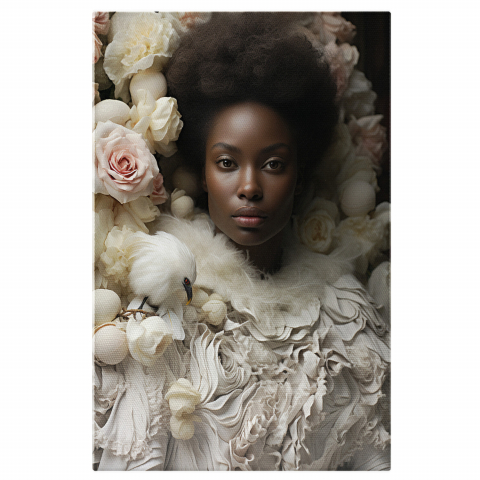 Tablou Canvas Femeie de Culoare în Alb cu Pasăre și Flori | Pictură Digitală Elegantă, Marime 40x25CM