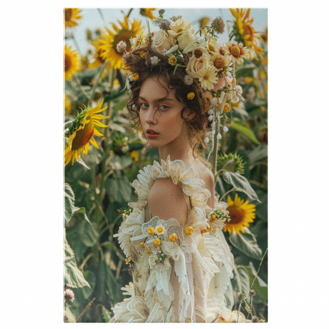 Flori - Femeie în Îmbrățișarea Naturii - Răsăritul Florilor de Soare pe Câmp - Pictură Digitală, Marime 40x25CM