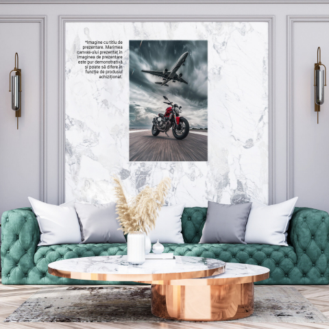 Red Motorcycle on Airport Runway with Airplane Taking Off – Digital Art, Marime 40x25CM [2]