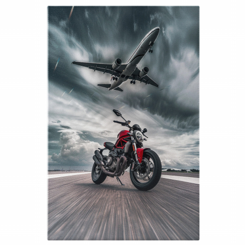 Red Motorcycle on Airport Runway with Airplane Taking Off – Digital Art, Marime 40x25CM
