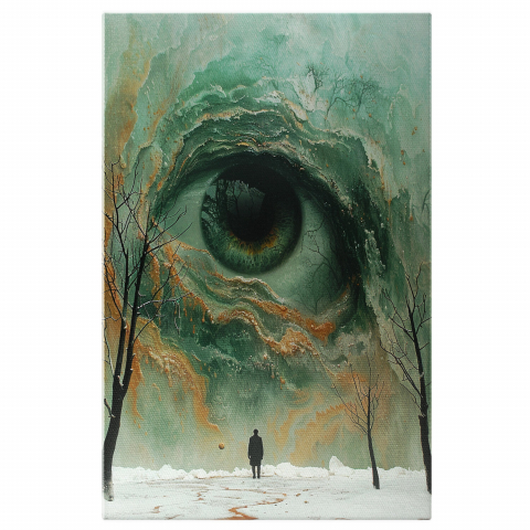 Abstract - Tablou Canvas Ochi Negru-Verzui | Pictură Digitală cu Peisaj de Iarnă și Bărbat cu Minge, Marime 40x25CM