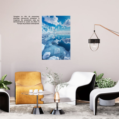 Tablou Canvas:  Ocean Dezghețat și Ghețari, Reflecții în Apă și Cer cu Nori Albi Pufoși- Natură și Tonuri Albastre Pictura Digitala 40x25CM [1]