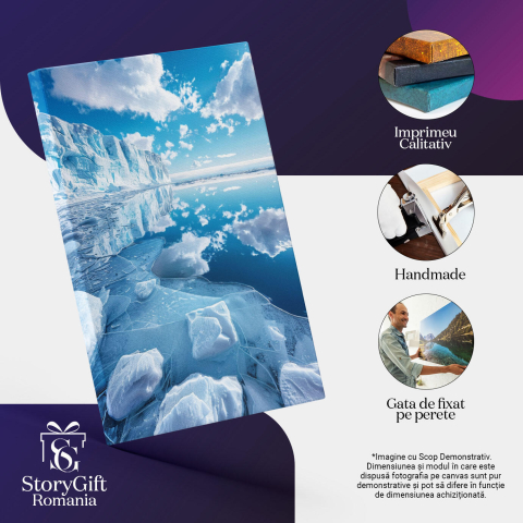 Tablou Canvas:  Ocean Dezghețat și Ghețari, Reflecții în Apă și Cer cu Nori Albi Pufoși- Natură și Tonuri Albastre Pictura Digitala 40x25CM [2]