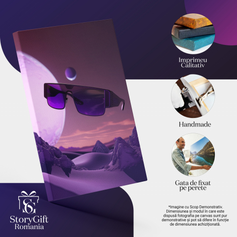 Tablou Canvas - Ochelari Mov pe Background Mov cu Lună Colorată și Pietre Inegale, Marime 60x40CM [1]