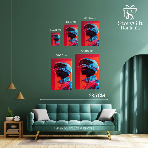 Tablou Canvas - Model cu Ochelari și Cască VR în Geacă Lucioasă LED Roșie, Marime 40x25CM [3]
