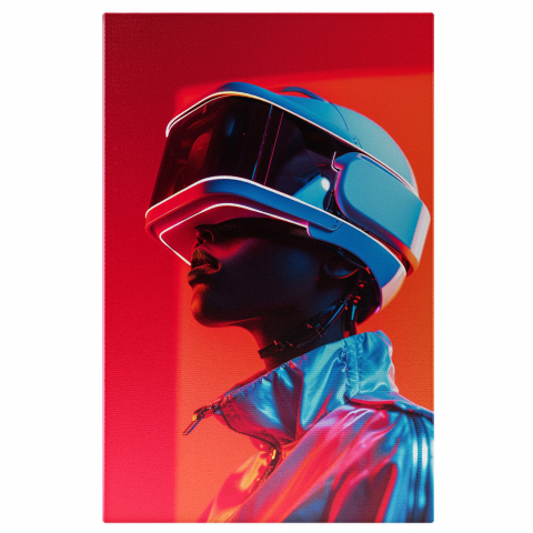 Tablou Canvas - Model cu Ochelari și Cască VR în Geacă Lucioasă LED Roșie, Marime 40x25CM