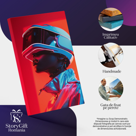 Tablou Canvas - Model cu Ochelari și Cască VR în Geacă Lucioasă LED Roșie, Marime 40x25CM [1]