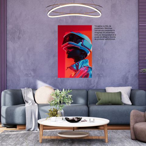 Tablou Canvas - Model cu Ochelari și Cască VR în Geacă Lucioasă LED Roșie, Marime 40x25CM [2]