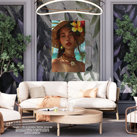 Tablou Canvas Ochii Verzi Pierduți în Zare ai Tinerei cu Pălărie de Paie pe Insula Însorită , Pictura Digitala 40x25CM [1]