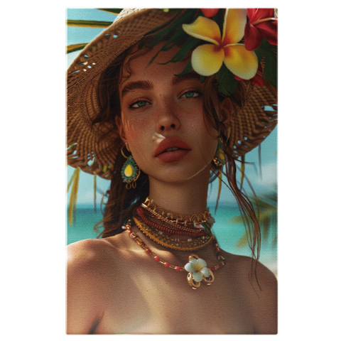 Portret - Tablou Canvas Ochii Verzi Pierduți în Zare ai Tinerei cu Pălărie de Paie pe Insula Însorită , Pictura Digitala 40x25CM