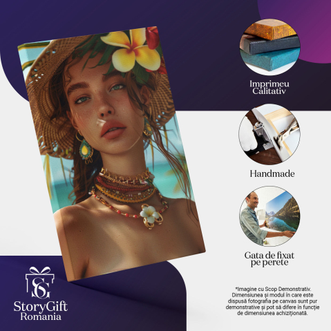 Tablou Canvas Ochii Verzi Pierduți în Zare ai Tinerei cu Pălărie de Paie pe Insula Însorită , Pictura Digitala 40x25CM [2]