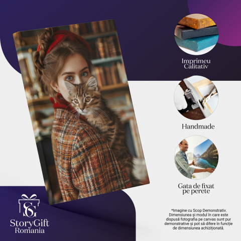 „Tablou Canvas Ochii Verzi și Ochii Albaștri - Doamna și Pisoiul din Biblioteca cu Bentiță Roșie”, Marime 40x25CM [1]