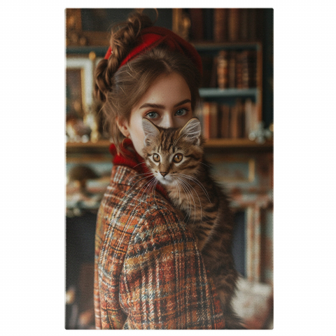 „Tablou Canvas Ochii Verzi și Ochii Albaștri - Doamna și Pisoiul din Biblioteca cu Bentiță Roșie”, Marime 40x25CM