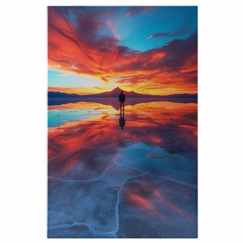 Apus și Răsări - „Tablou Canvas Omul de pe Gheața Spartă Privește Apusul din Munți”, Marime 40x25CM