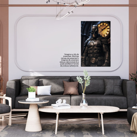 Tablou Canvas:  Omul Supereou Batman in Echipament de Protectie Negru cu Pelerina si Chipul Camuflat Pictura Digitala 40x25CM [1]