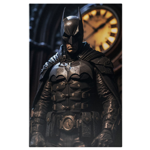 Personaje Desene Animate - Tablou Canvas:  Omul Supereou Batman in Echipament de Protectie Negru cu Pelerina si Chipul Camuflat Pictura Digitala 40x25CM