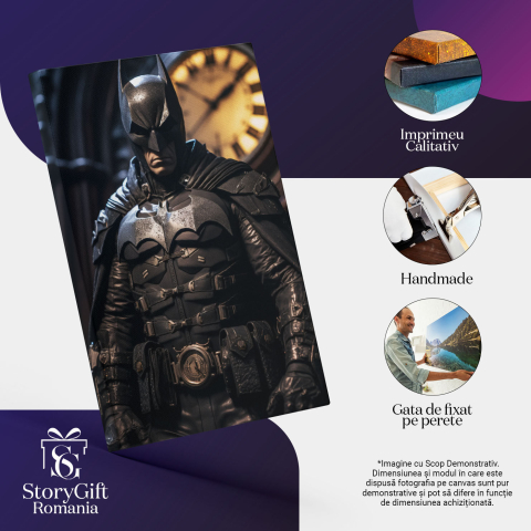 Tablou Canvas:  Omul Supereou Batman in Echipament de Protectie Negru cu Pelerina si Chipul Camuflat Pictura Digitala 40x25CM [2]