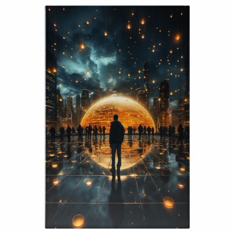 Orașul Viitorului - Grup de Oameni și Sfere - Pictură Digitală, Marime 40x25CM