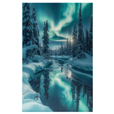 Aurora Boreală - Tablou Canvas: Pădurea Înghețată Luminată de Strălucirea Aurorei Verzi și Râul Încremenit Pictura Digitala 40x25CM