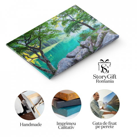 Tablou Canvas Padure si Lac in Valea Muntilor Elvetieni Lac, Padure, Munti, Peisaj, Natura. 140x90CM [1]