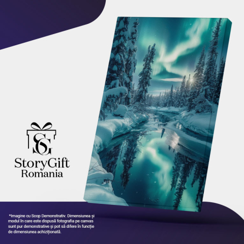 Tablou Canvas: Pădurea Înghețată Luminată de Strălucirea Aurorei Verzi și Râul Încremenit Pictura Digitala 40x25CM [4]