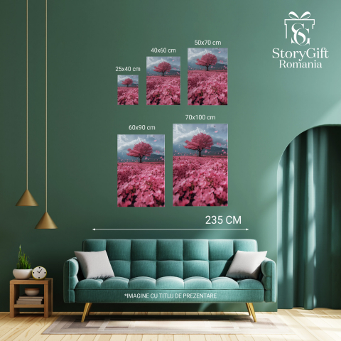 Pajiște cu Flori Roz și Copac de Cireș cu Petale în Vânt - Artă Digitală, Marime 40x25CM [3]