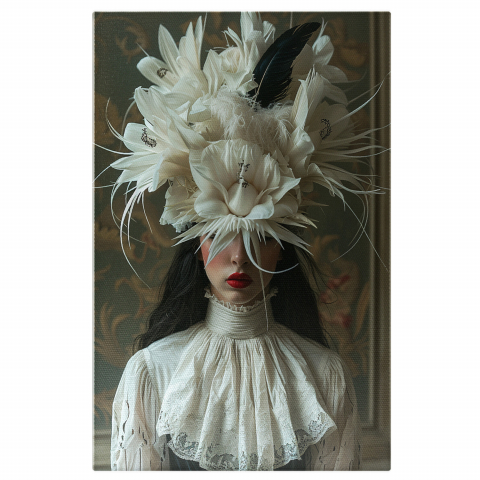 Palarie Albă cu Model de Flori și Pană Neagră, Marime 40x25CM