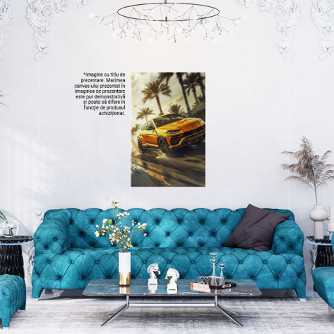 Tablou Canvas Palmieri în spatele unei masini galbene de lux - stropi de apă aruncați de SUV , Pictura Digitala 40x25CM [1]