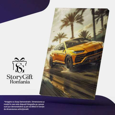 Tablou Canvas Palmieri în spatele unei masini galbene de lux - stropi de apă aruncați de SUV , Pictura Digitala 40x25CM [4]