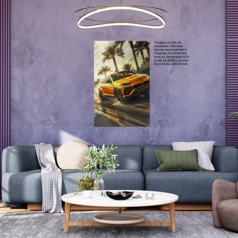 Tablou Canvas - Palmieri în Spatele unei Mașini Galbene de Lux cu Stropi de Apă, Marime 40x25CM [2]