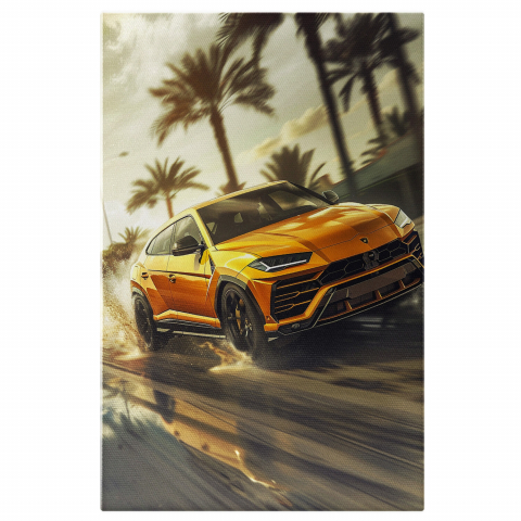 Vehicule - Tablou Canvas - Palmieri în Spatele unei Mașini Galbene de Lux cu Stropi de Apă, Marime 40x25CM