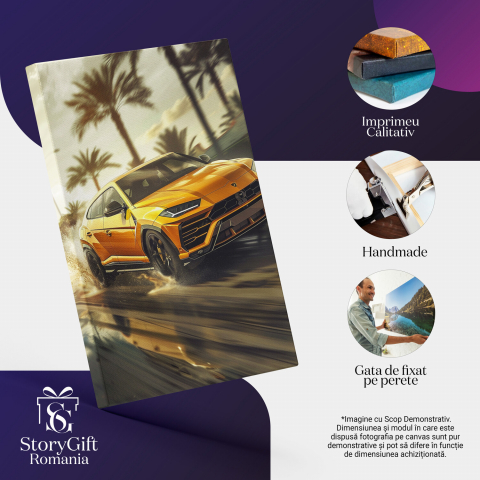 Tablou Canvas - Palmieri în Spatele unei Mașini Galbene de Lux cu Stropi de Apă, Marime 40x25CM [1]