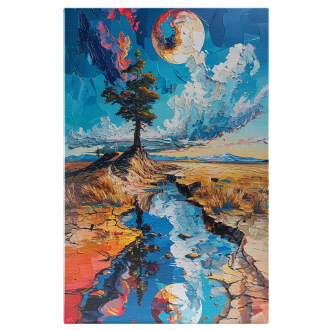 Peisaj - Pământ Crapat cu Apă Reflectând Luna și un Copac, Marime 40x25CM