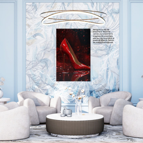 Tablou Canvas Pantof din piele stileto roșu în picături - Stropi de apă pe pielea roșie a unui pantof , Pictura Digitala 40x25CM [1]